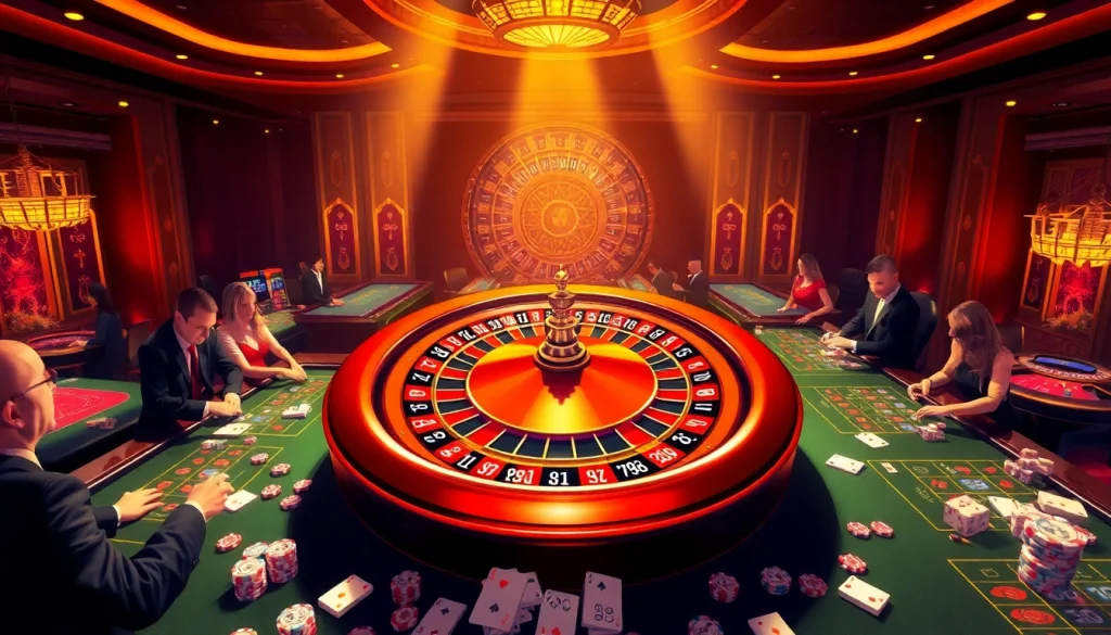 Experience the thrilling atmosphere of a casino with diverse games featured on https://mm88.vin/ as players engage at roulette and card tables.