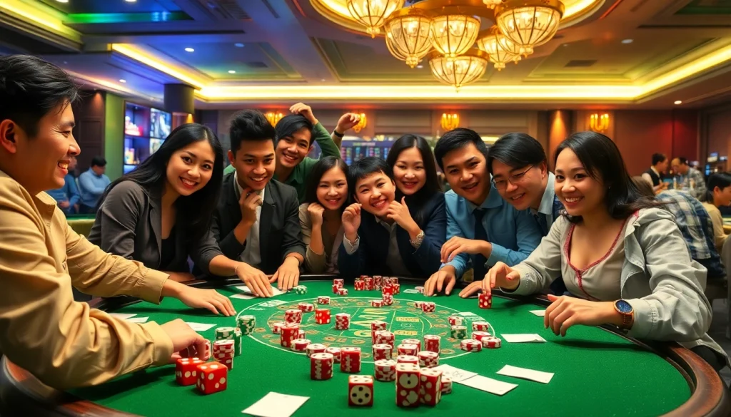 Players celebrating their winning streak in Tài Xỉu 789win, showcasing colorful dice and excitement at the table.